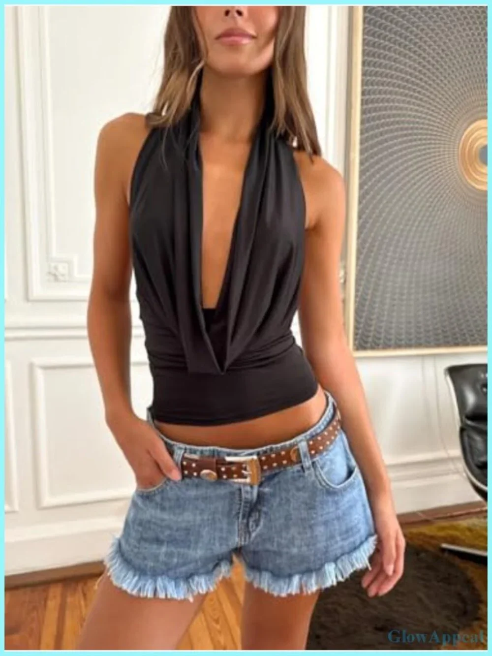 Cowl Neck Halter Top Sleeveless Backless Y2K Flowy Going Out Top with Scarf